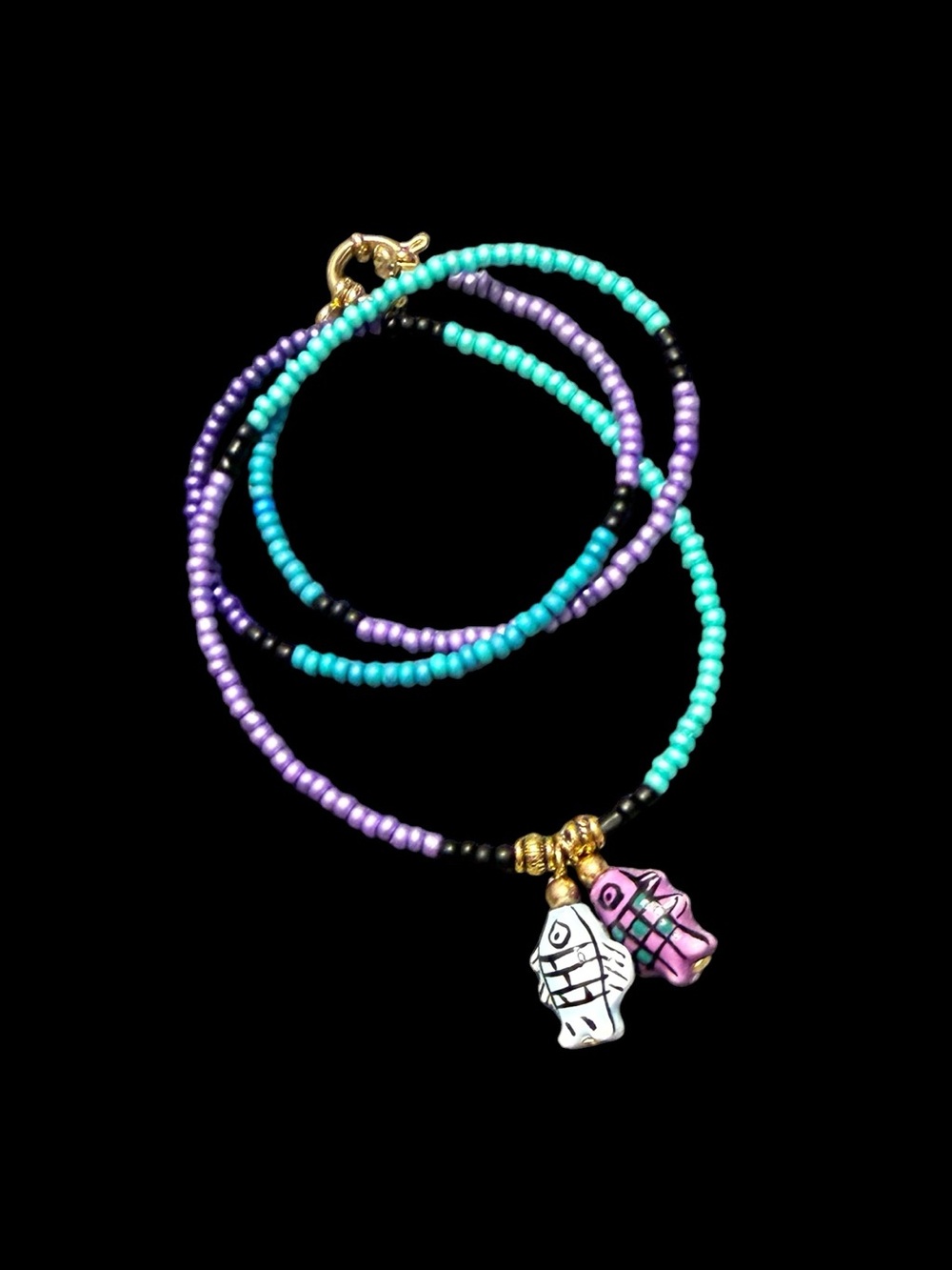 Double Fish Long Beaded Necklace.